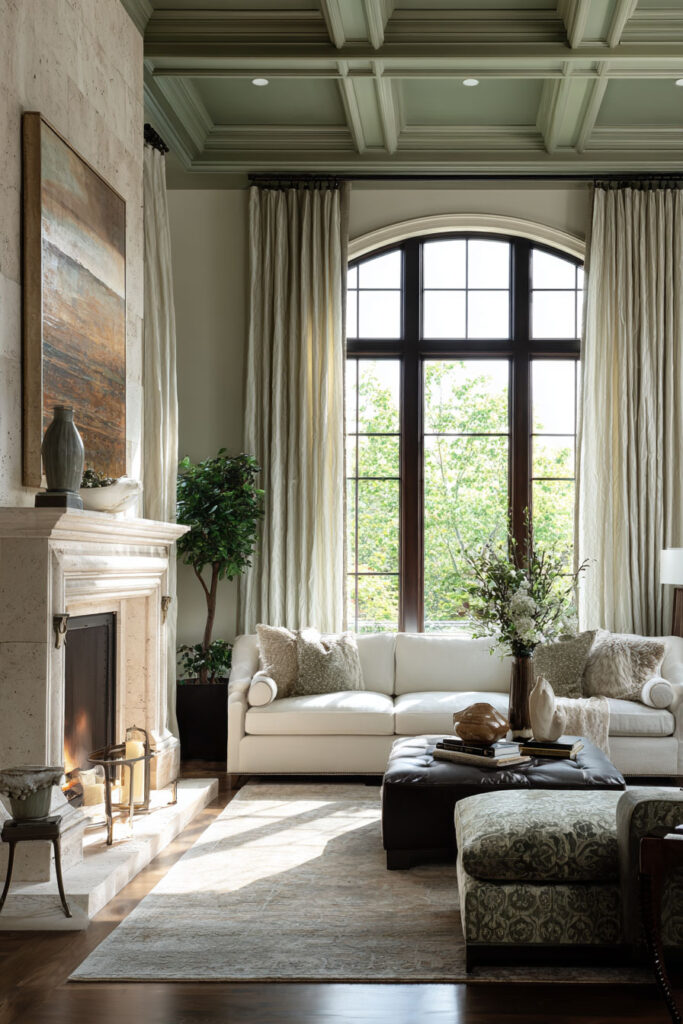 Traditional living room with sage green coffered ceiling, white sofa, fireplace, arched windows, and layered neutral decor.