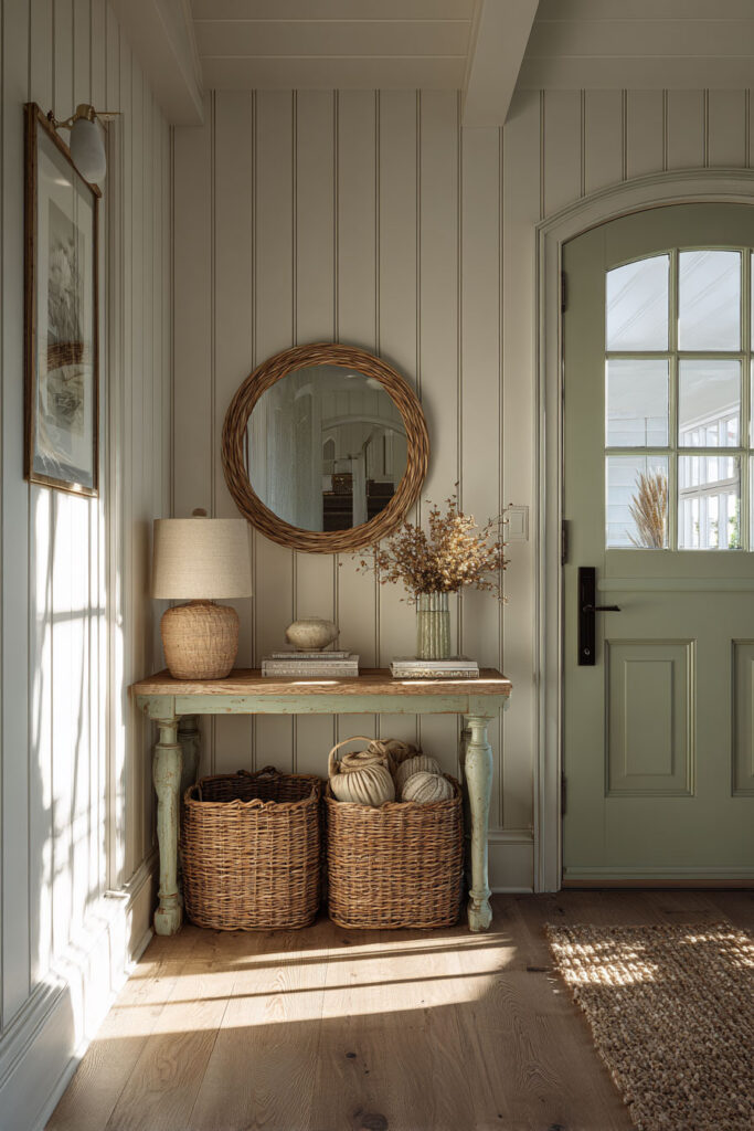 Sage green front door entryway with rustic console table, woven baskets, rattan mirror, and natural farmhouse decor.