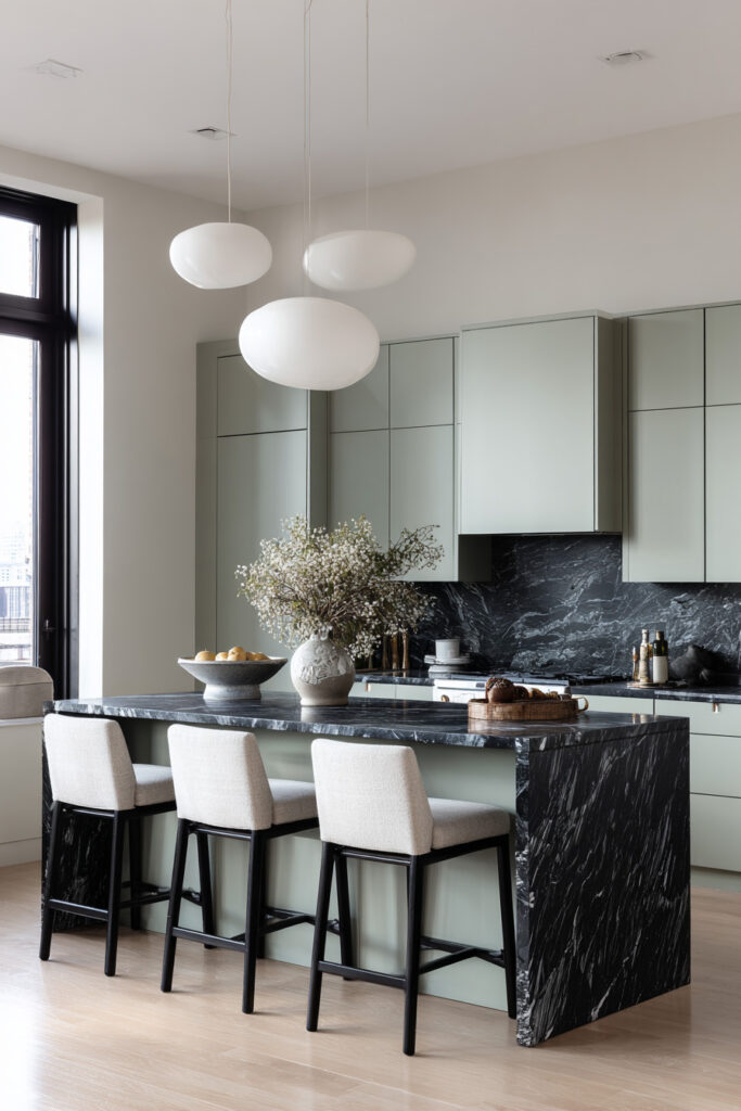 Sage green kitchen with black marble island, neutral bar stools, oversized white pendant lights, and modern cabinetry.
