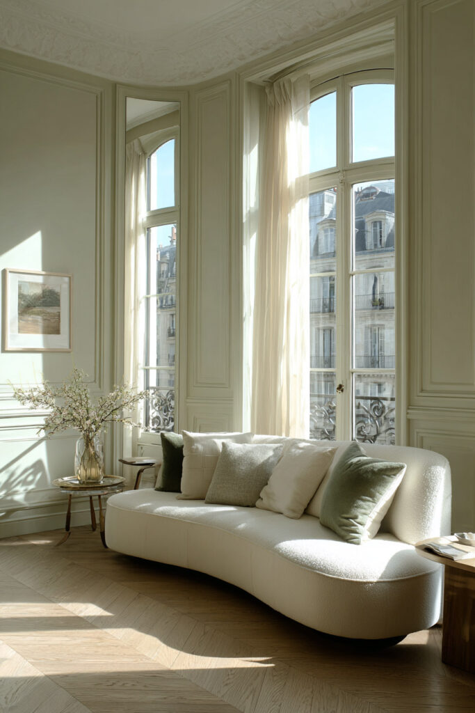 Parisian sage green living room with tall arched windows, cream curved sofa, green accent pillows, light wood herringbone floors, and delicate wall paneling.