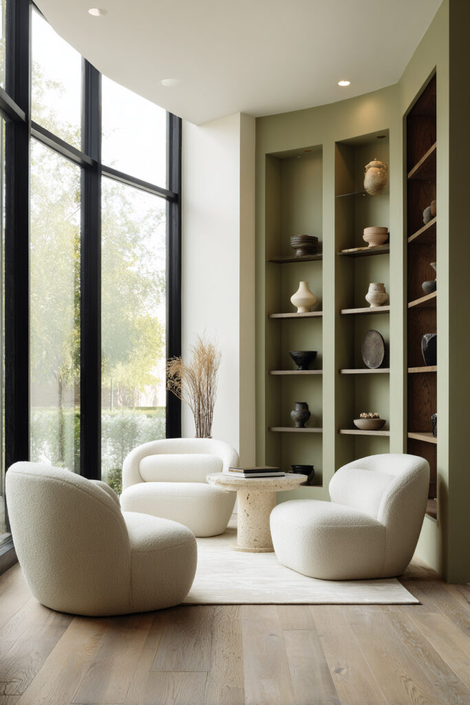 Modern living room nook with sage green built-in shelves, sculptural white lounge chairs, stone pedestal table, and large windows.
