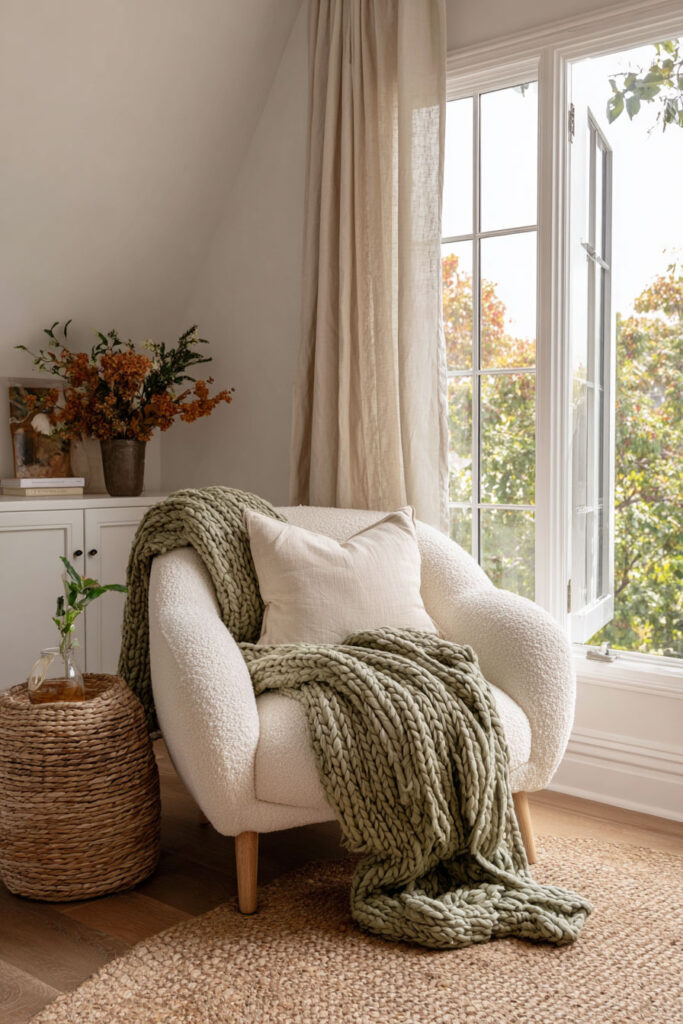 Boucle armchair with sage green knit throw and neutral pillow, styled with woven basket table, linen curtains, and fall florals.
