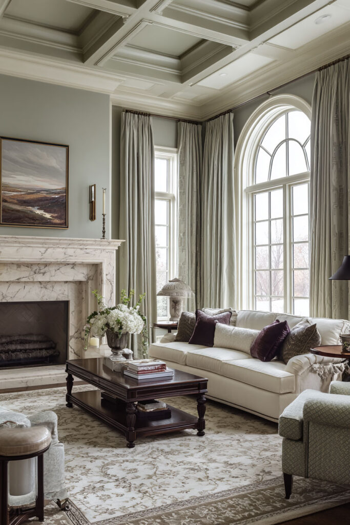 Traditional sage green living room with marble fireplace, arched windows, cream sofa, jewel-toned pillows, and elegant drapery.