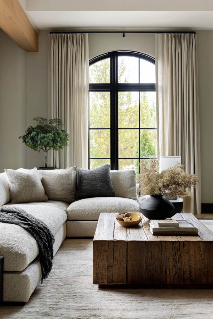 Cozy sage green living room with cream sectional sofa, rustic wood coffee table, black-framed arched windows, and natural textured accents.