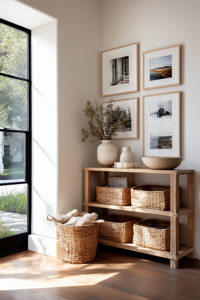 Bright entryway with a natural wood shelving unit styled with woven baskets, ceramic vases, a sculptural bowl, and a gallery wall of framed artwork in soft neutral tones.