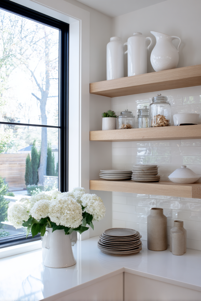 Modern kitchen corner with natural oak floating shelves styled with ceramic plates, glass jars, white pitchers, and a fresh white hydrangea arrangement by a large window.