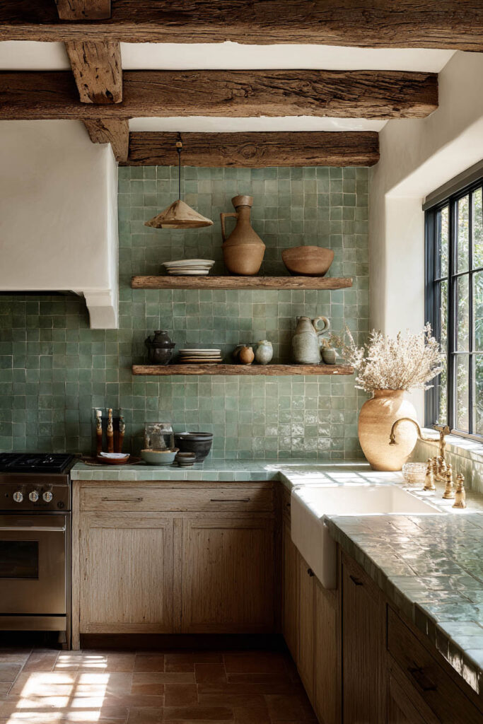Rustic sage green kitchen with handmade zellige tile backsplash, exposed wood beams, farmhouse sink, brass fixtures, and ceramic decor.