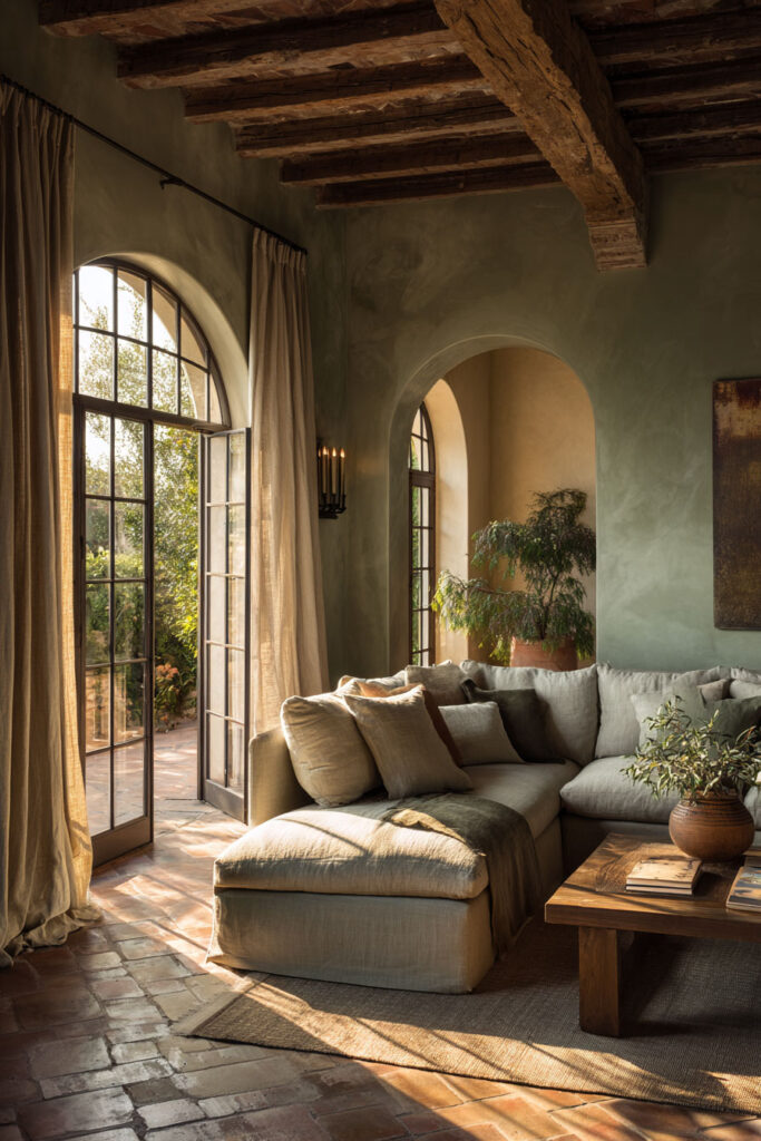 Rustic sage green living room with arched French doors, terracotta flooring, linen sectional, wood ceiling beams, and Mediterranean style.
