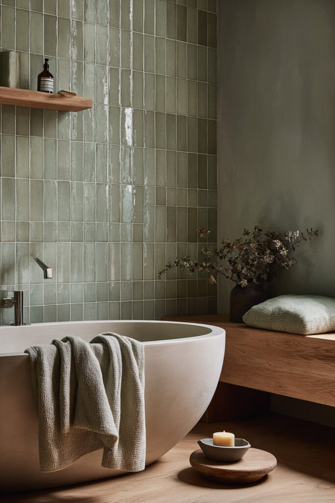 Sage green tiled bathroom with freestanding tub, warm wood accents, soft towels, and a candle for a calming spa-inspired atmosphere.