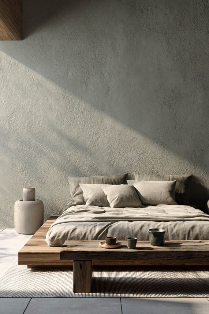 Minimalist sage green bedroom with textured wall, wooden platform bed, linen bedding, and rustic bench in natural sunlight.