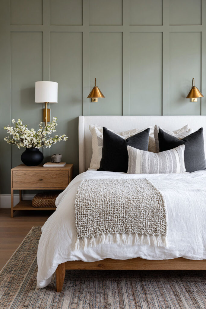 Sage green bedroom with paneled walls, upholstered headboard, layered pillows, brass sconces, wood nightstand, and modern decor.