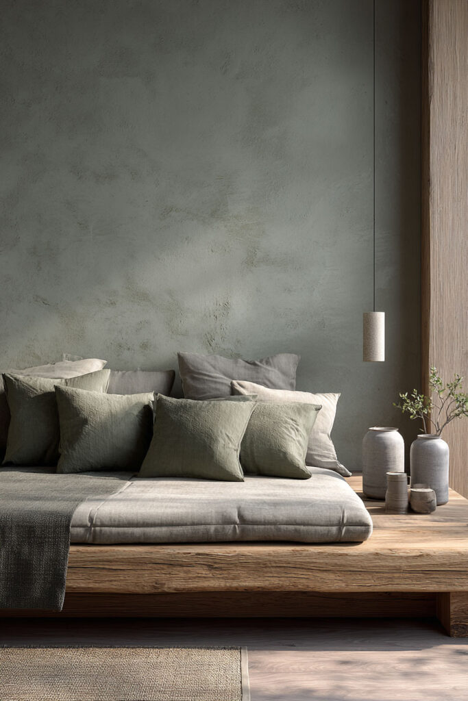 Sage green bedroom with rustic wood platform bed, layered pillows, neutral bedding, and ceramic vases for a cozy modern look.