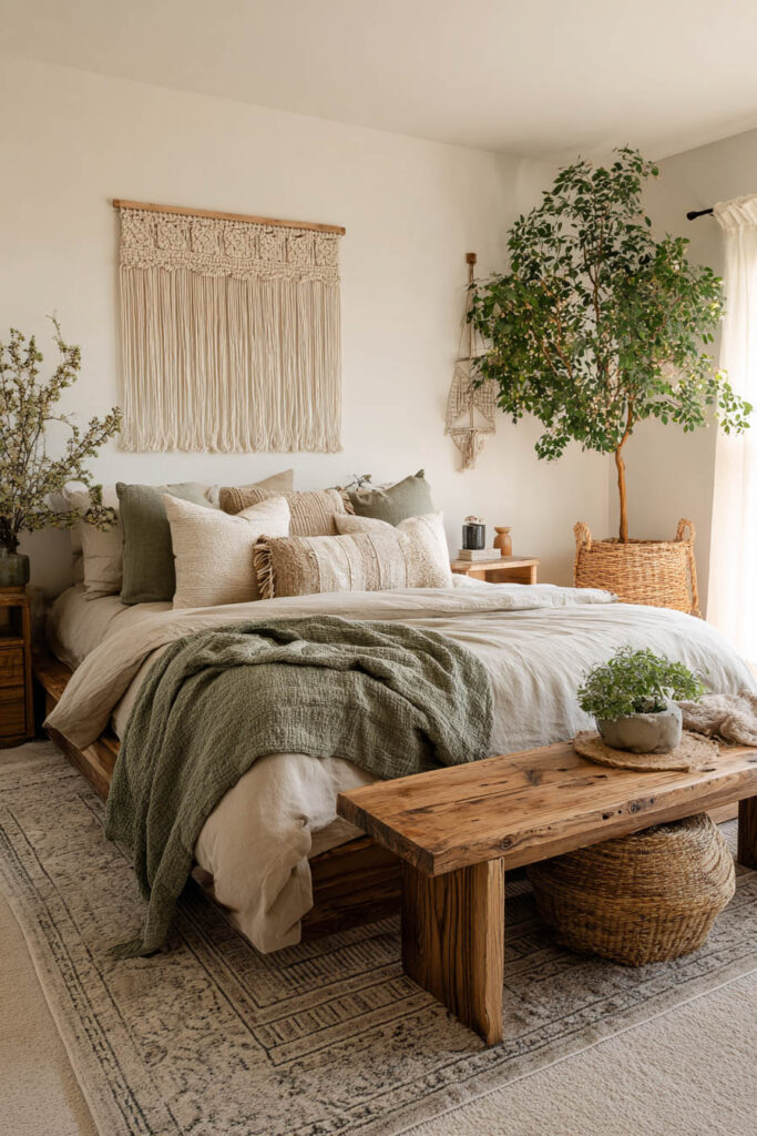 Boho bedroom with sage green throw blanket, neutral bedding, macrame wall art, woven baskets, and natural wood furniture.