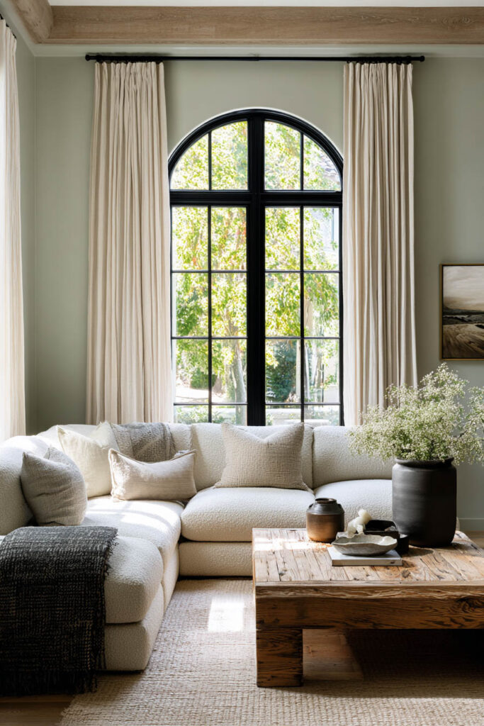 Cozy sage green living room with arched black window, cream sectional sofa, rustic wood coffee table, and neutral textured decor.