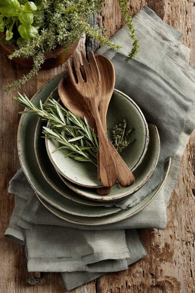 Rustic sage green ceramic dishes with fresh herbs and wooden utensils on sage linen napkins, styled on a farmhouse wooden table.