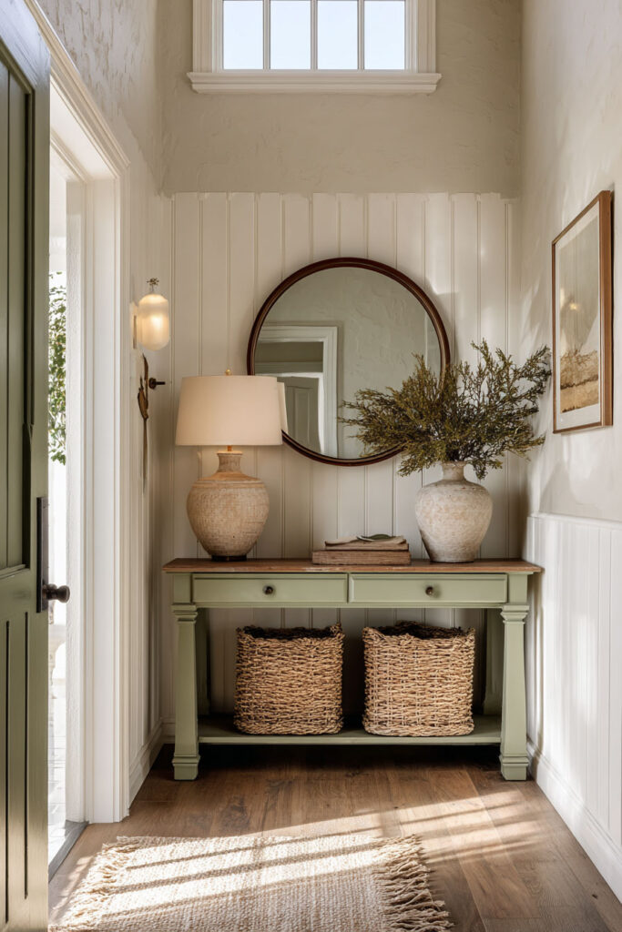 Sage green entryway console table with woven baskets, ceramic lamp, round mirror, and farmhouse decor accents.