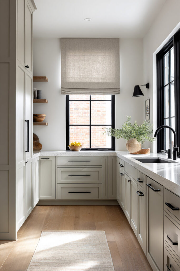 Light sage green kitchen with black window frames, black hardware, wood shelves, and natural decor accents.