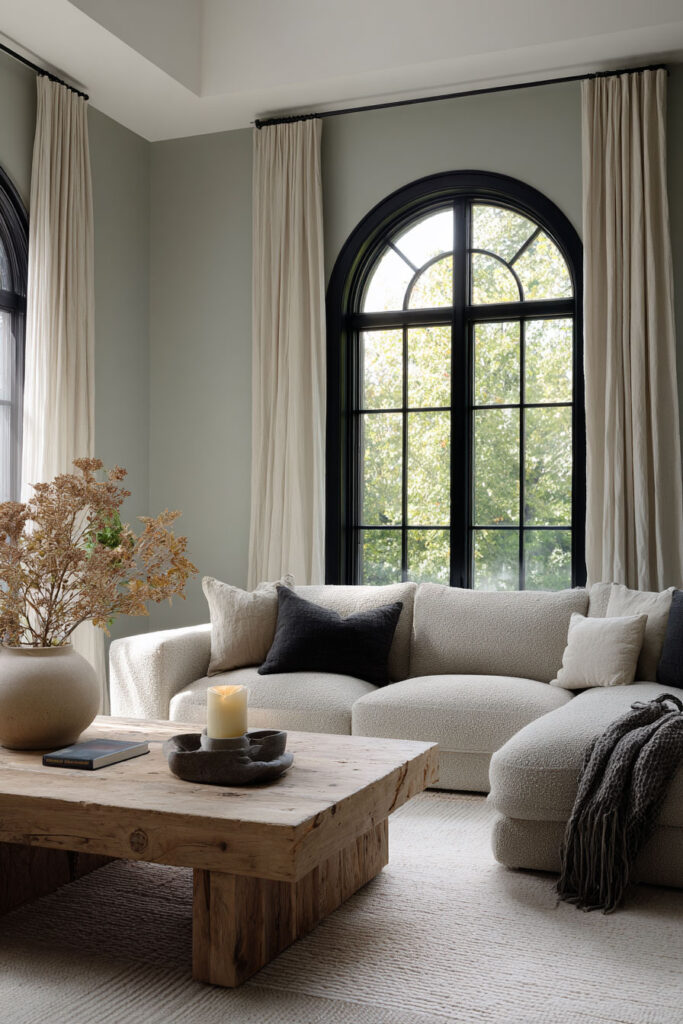 Sage green living room with arched black windows, boucle sectional sofa, rustic wood coffee table, neutral pillows, and textured rug for a cozy farmhouse style.