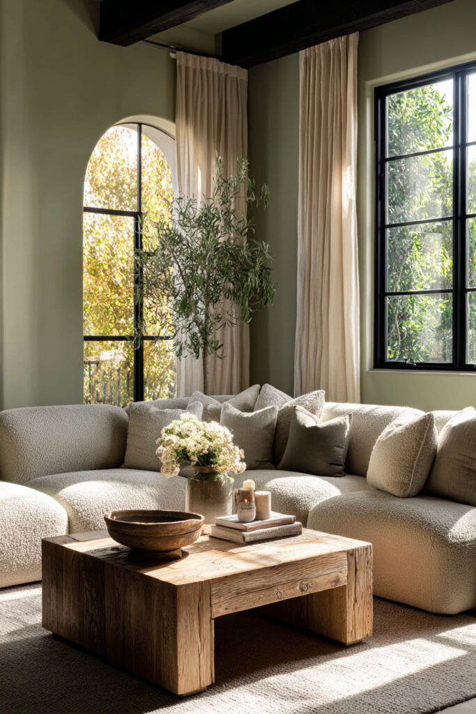 Sage green living room with cream textured sofa, rustic wood coffee table, neutral pillows, and natural light through large windows.