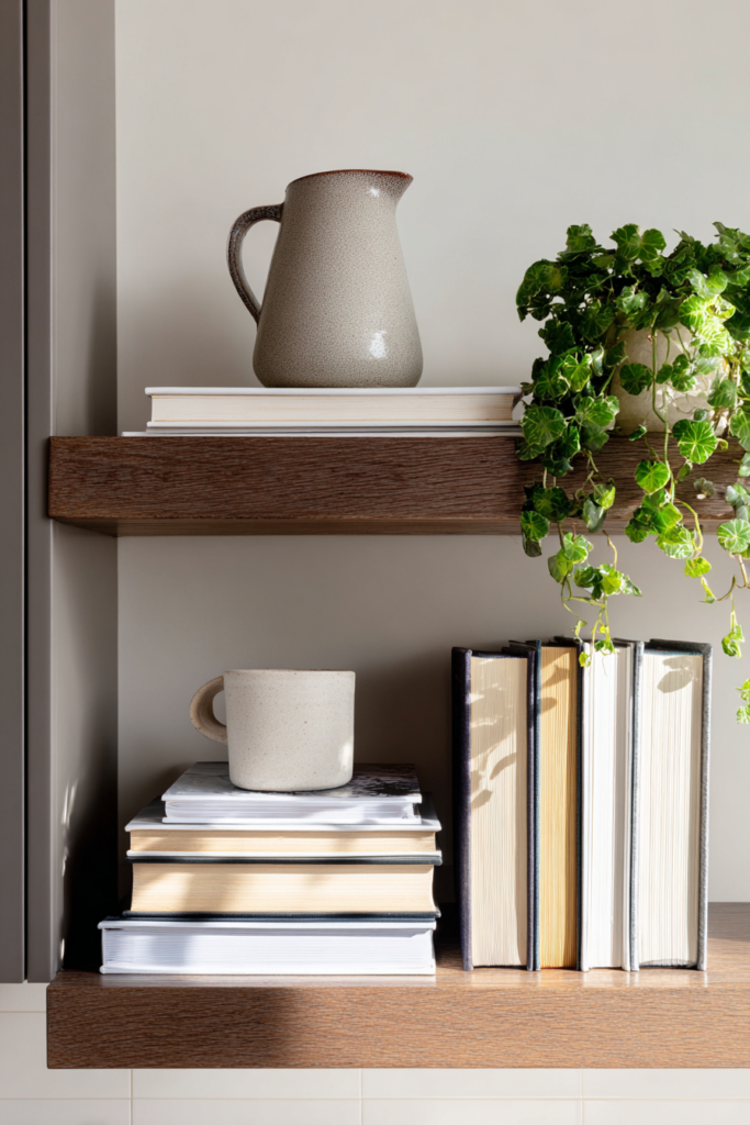 Kitchen shelves styled with trailing ivy, stacked books, a speckled ceramic pitcher, and a neutral mug in natural morning light.