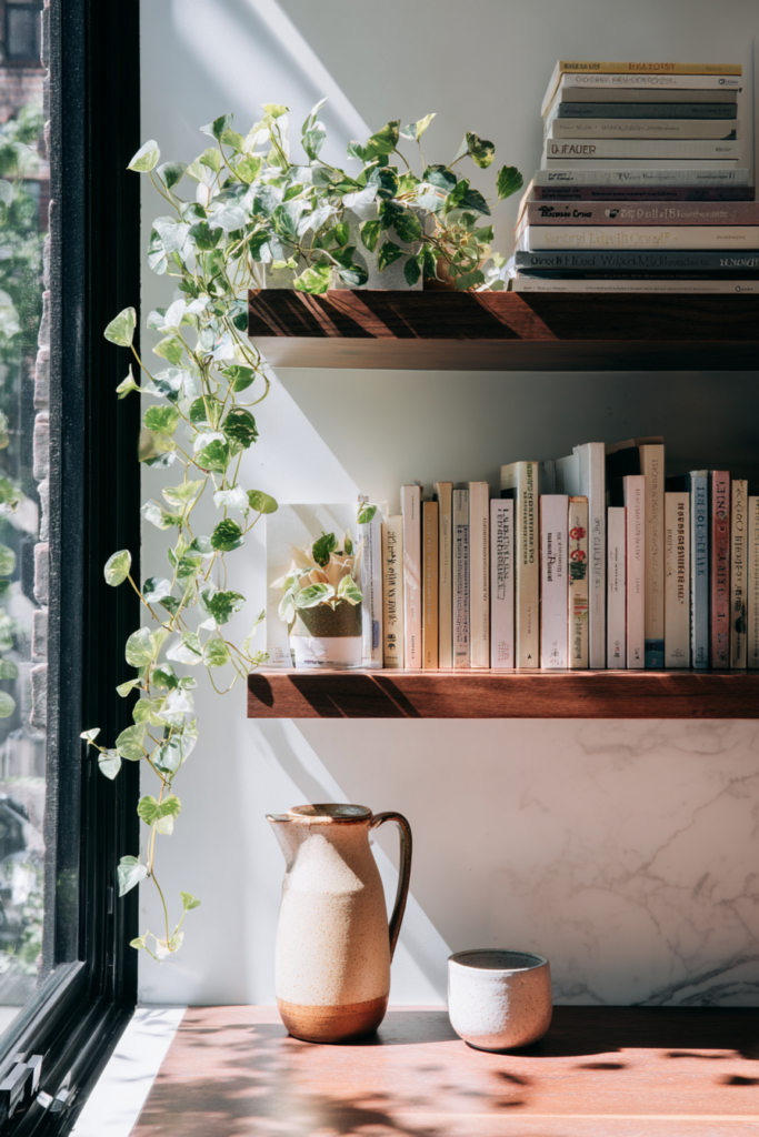 Warm wood kitchen shelves styled with trailing ivy, stacked cookbooks, and neutral ceramics in natural window light.