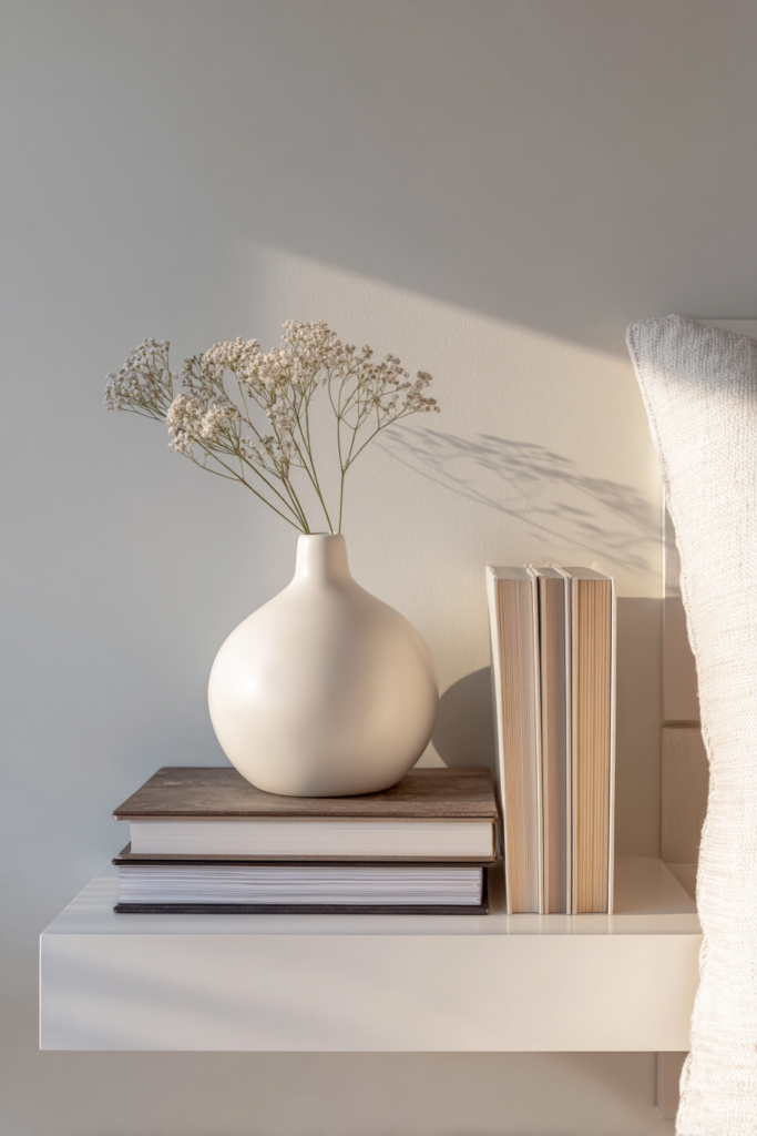 Minimalist bedroom floating shelf styled with stacked books, a matte white vase holding baby’s breath, and soft sunlight casting gentle shadows on a neutral wall.