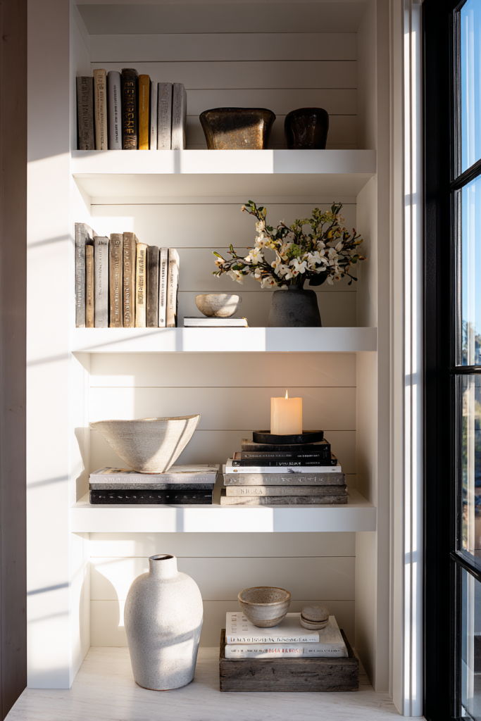 Modern farmhouse-style built-in shelves with vertically stacked books, handmade ceramic bowls, a lit candle, and a stone vase with flowering branches, styled in soft evening light.