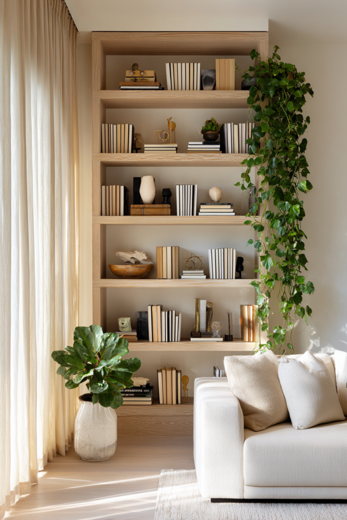 Tall built-in shelving in a modern living room styled with neutral books, sculptural objects, and trailing greenery, alongside a cream sofa and fiddle-leaf fig.