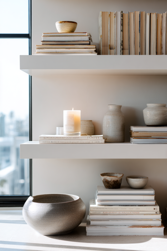 Floating white shelves styled with stacked books, neutral-toned ceramic vessels, a lit candle, and soft natural light in a modern interior.