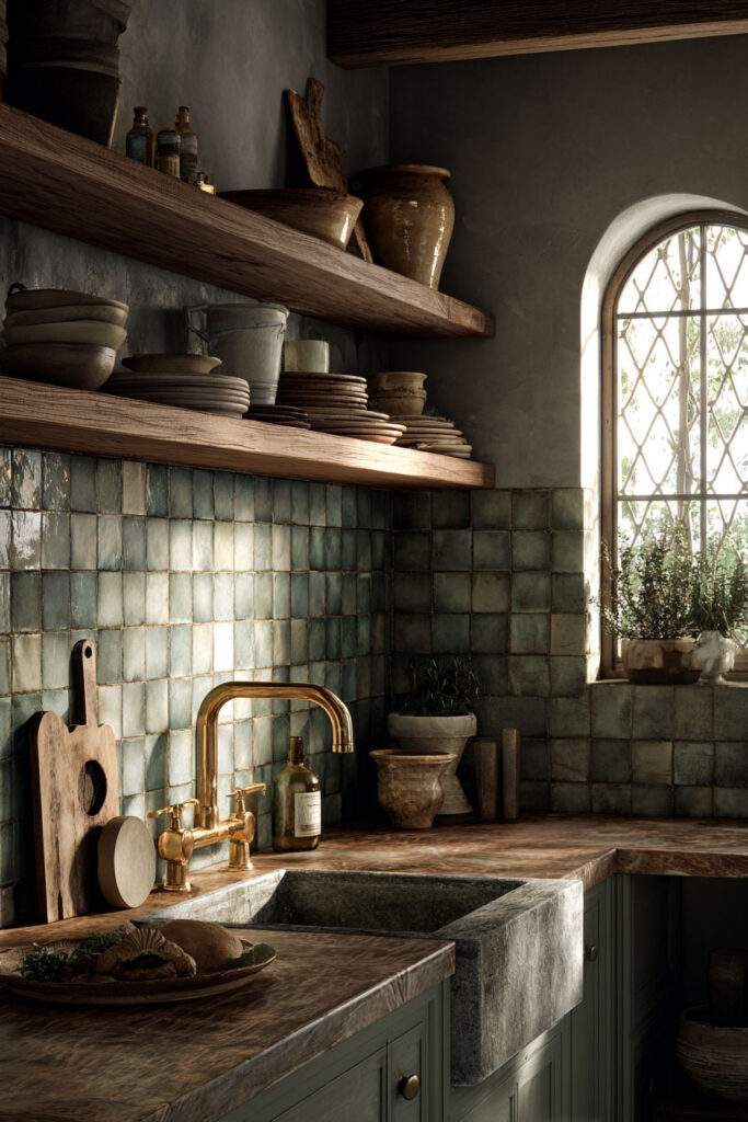Rustic sage green kitchen with handmade tile backsplash, stone farmhouse sink, brass faucet, open wood shelves, and ceramic pottery decor.
