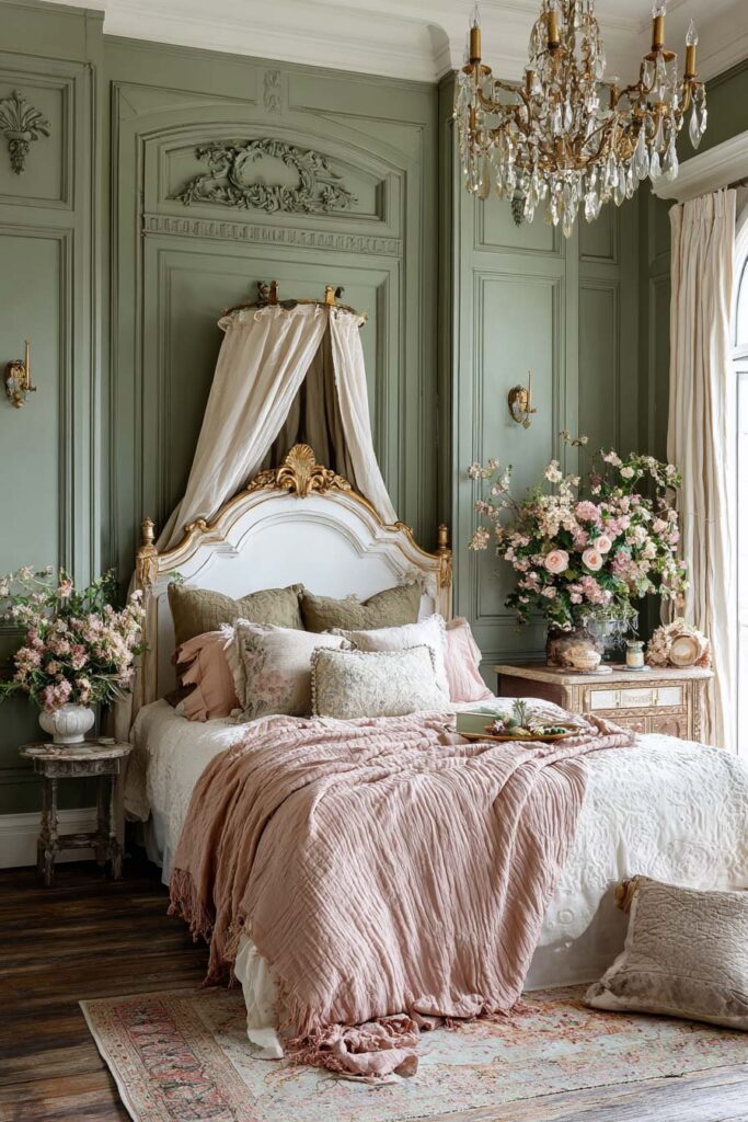 Romantic sage green bedroom with French-style canopy bed, pink bedding accents, crystal chandelier, and floral decor.