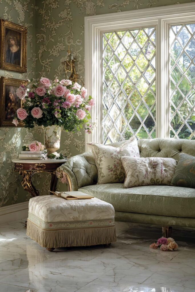 Romantic sage green living room with floral wallpaper, tufted sofa, diamond-paned windows, and pink rose arrangement in a classic vintage style.
