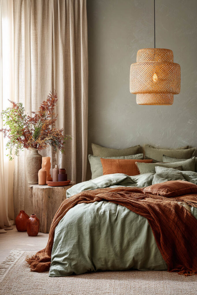 Sage green bedroom with terracotta accents, layered linen bedding, woven pendant light, and rustic natural textures.