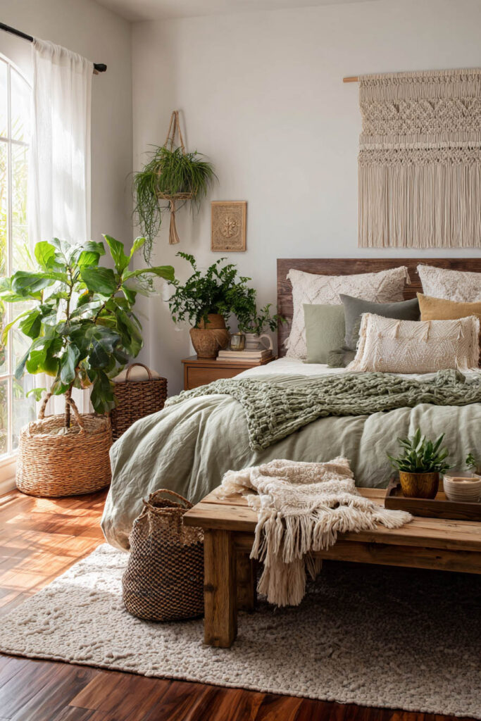 Boho bedroom with sage green bedding, macrame wall art, woven baskets, houseplants, and natural wood accents.