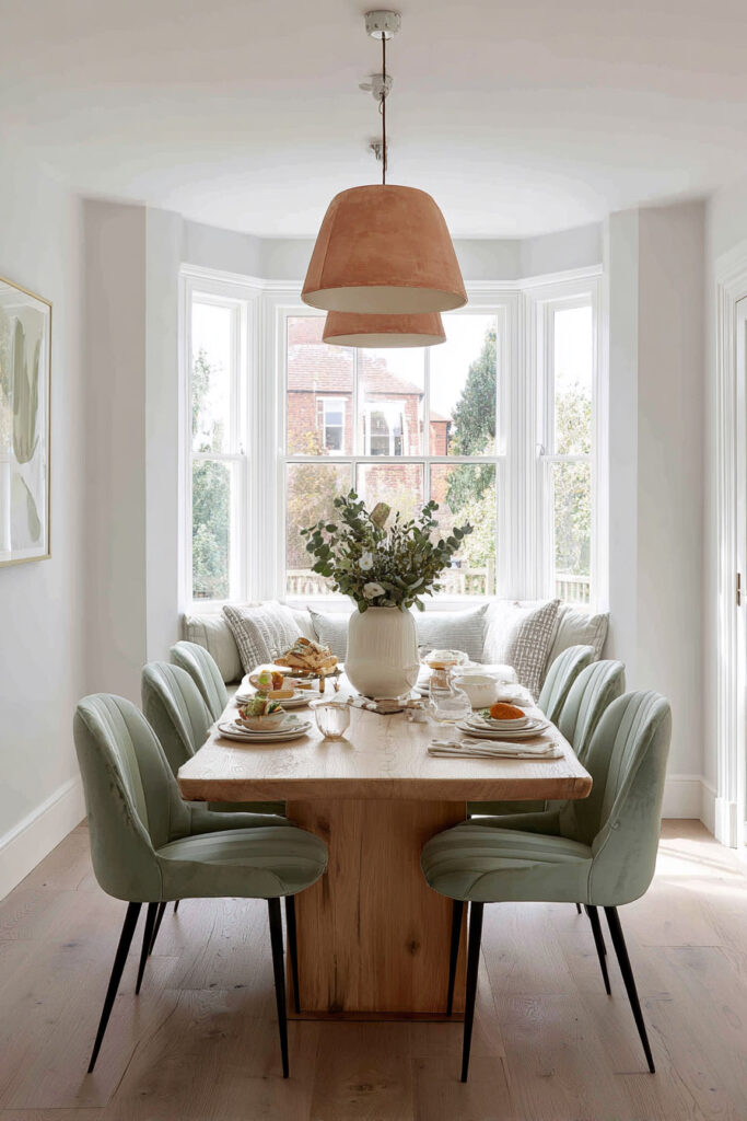 Dining nook with sage green velvet chairs, natural wood table, terracotta pendant light, and neutral decor for a cozy, modern look.