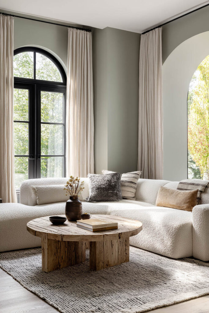 Sage green living room with boucle sofa, rustic wood coffee table, neutral pillows, and arched black-trim windows.