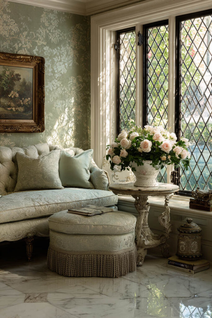 Vintage sage green living room with damask wallpaper, tufted sofa, carved side table with roses, diamond-paned windows, and marble flooring.