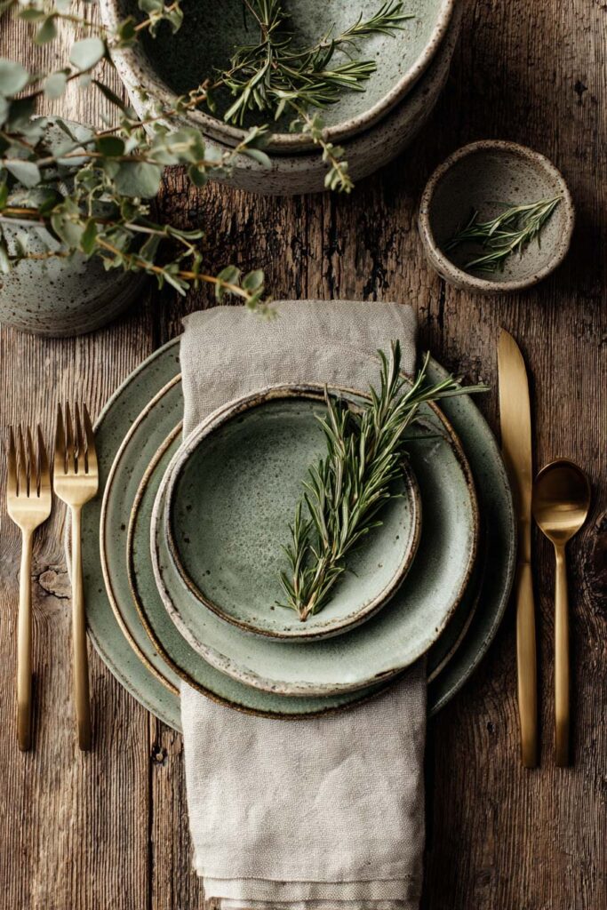 Rustic table setting with sage green stoneware dishes, linen napkin, gold flatware, and rosemary sprigs on a wooden table.