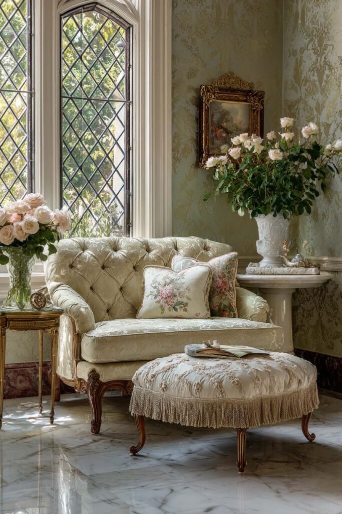 Traditional living room corner with sage green damask wallpaper, tufted armchair, floral pillows, fringed ottoman, and vintage decor.