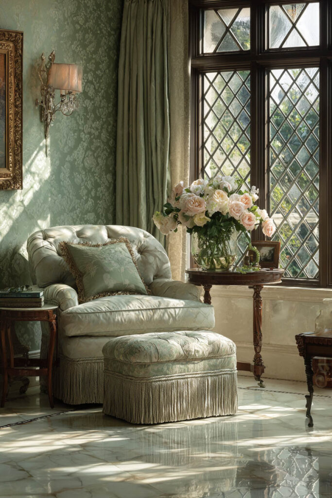 Traditional sage green sitting room with tufted chair and ottoman, damask wallpaper, vintage wood tables, and roses by leaded glass windows.