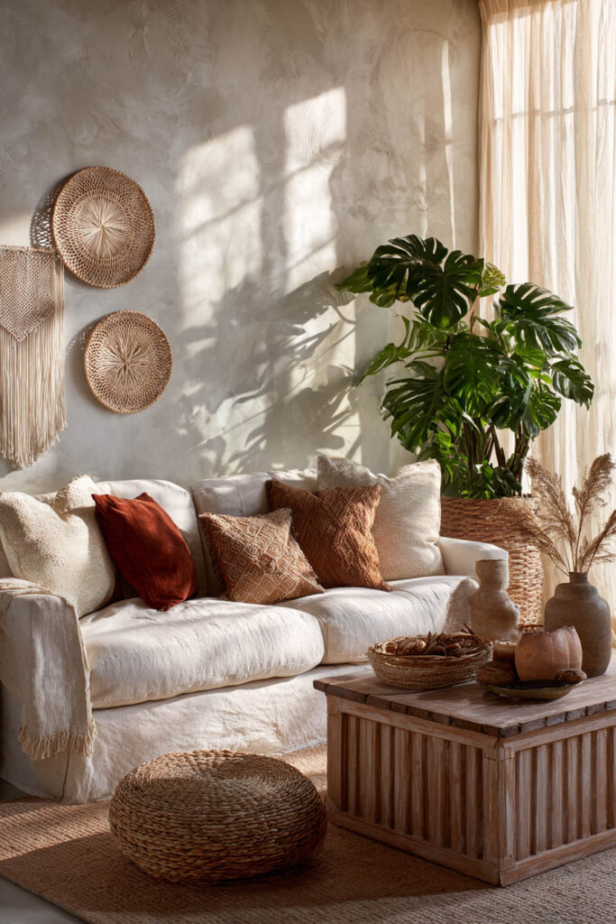 Boho living room with neutral sofa, terracotta pillows, woven baskets, rustic wood coffee table, and indoor plants.