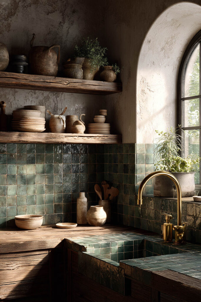 Rustic sage green kitchen with handcrafted tile counters, wood cabinets, open shelves with pottery, and arched window.