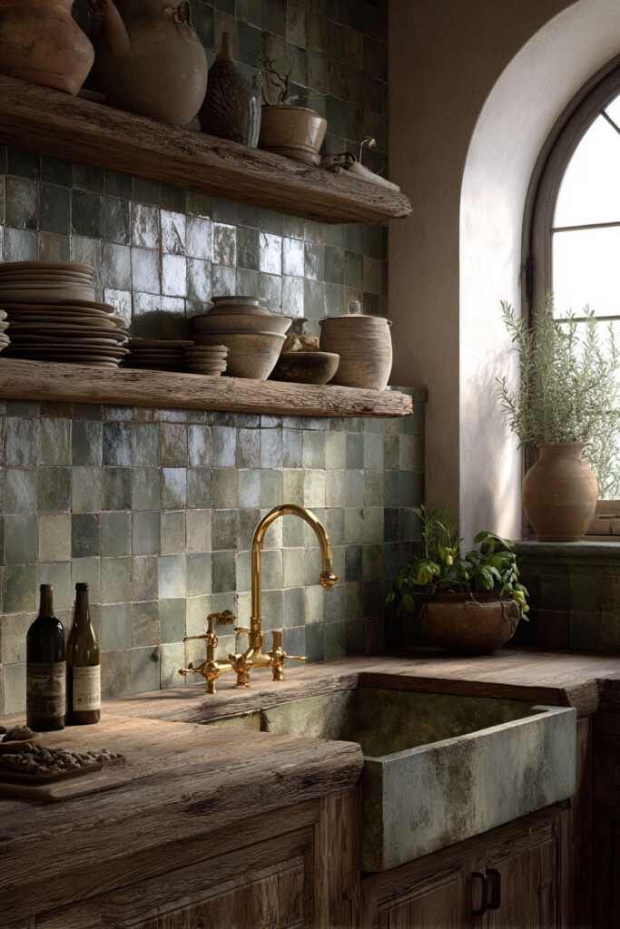 Rustic sage green kitchen with handmade tile backsplash, patina farmhouse sink, brass faucet, weathered wood counters, and pottery decor.