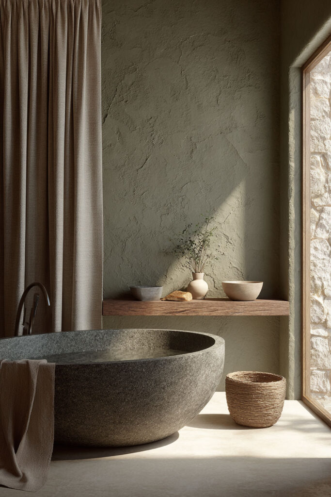 Rustic sage green bathroom with stone soaking tub, plaster wall, wood shelf, ceramic accents, and woven basket in natural sunlight.