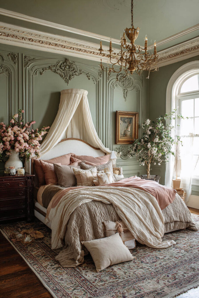 Elegant sage green bedroom with ornate wall paneling, chandelier, layered blush and cream bedding, and vintage French-inspired decor.