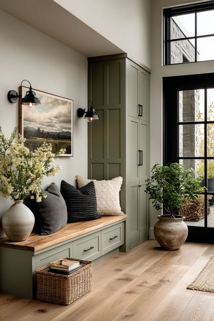 Modern farmhouse sage green entryway with built-in bench, wood top, black sconces, large windows, and natural decor accents.