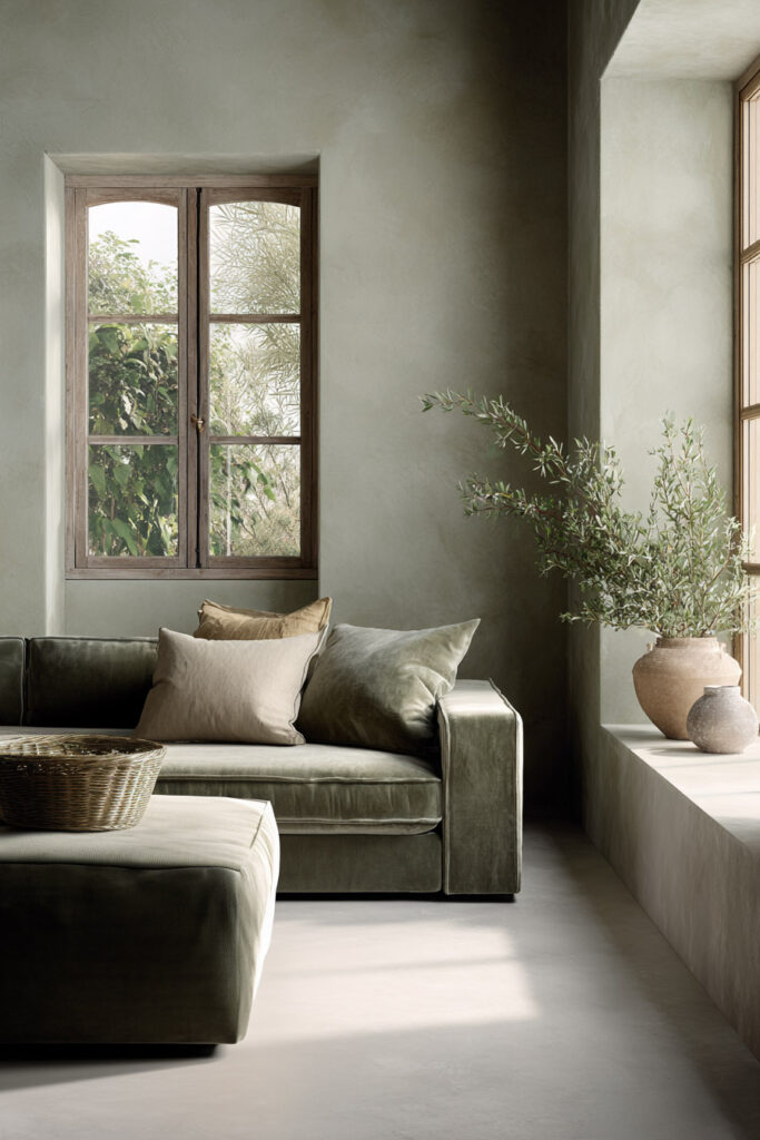 Sage green living room with velvet sofa, neutral pillows, wicker basket, terracotta vase, and minimalist natural decor.