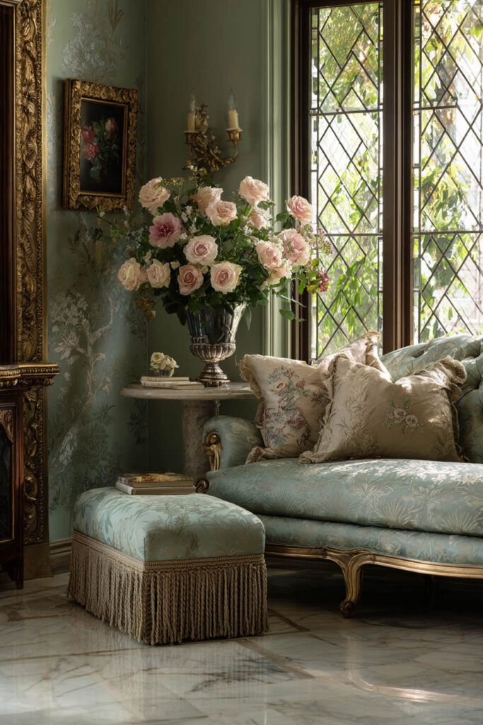 Vintage sage green living room with damask walls, carved sofa with brocade upholstery, embroidered pillows, marble flooring, and ornate gold frames.