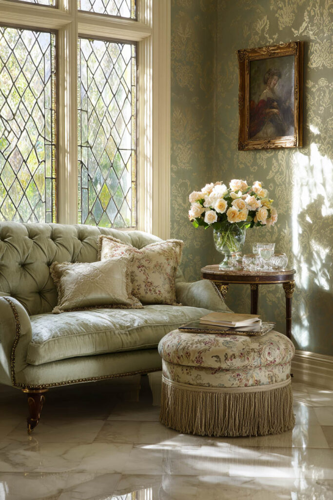 Elegant sage green sitting room with tufted velvet sofa, damask wallpaper, tasseled ottoman, and fresh roses by leaded glass windows.
