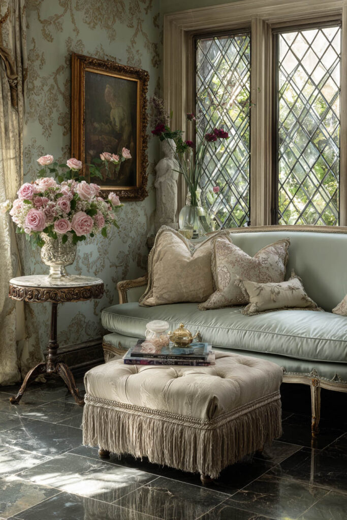 Vintage living room with sage green damask wallpaper, tufted ottoman, pastel sofa, ornate side table, and floral decor accents.